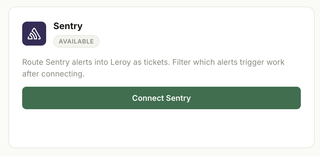 The Sentry integration card in a Leroy workspace, with a Connect Sentry button.